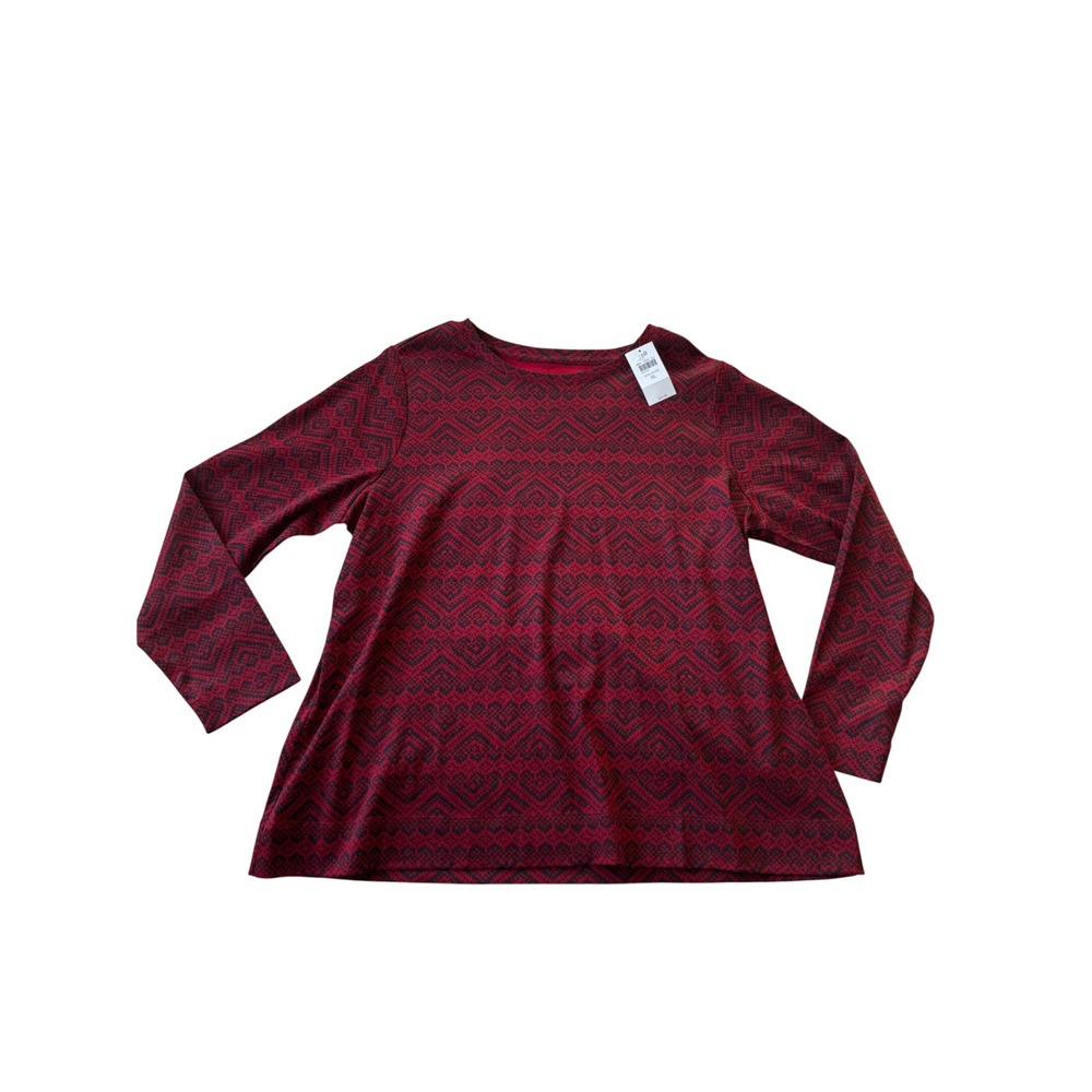 J. Jill Pima Cotton Long Sleeve Crew Neck Tee Red Fair Isle Holiday Top XL